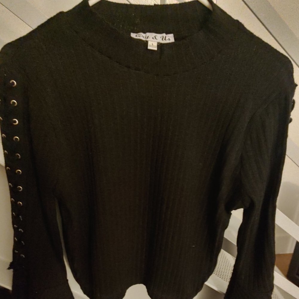 NWOT Bell Sleeve Ribbed Black Sweater Rivet Sleeve Detailing